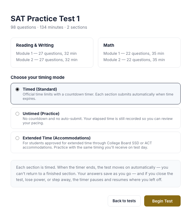 VMotiv8 platform screenshot: SAT Practice Test 1 setup screen with timing modes for Timed, Untimed, and Extended Time accommodations