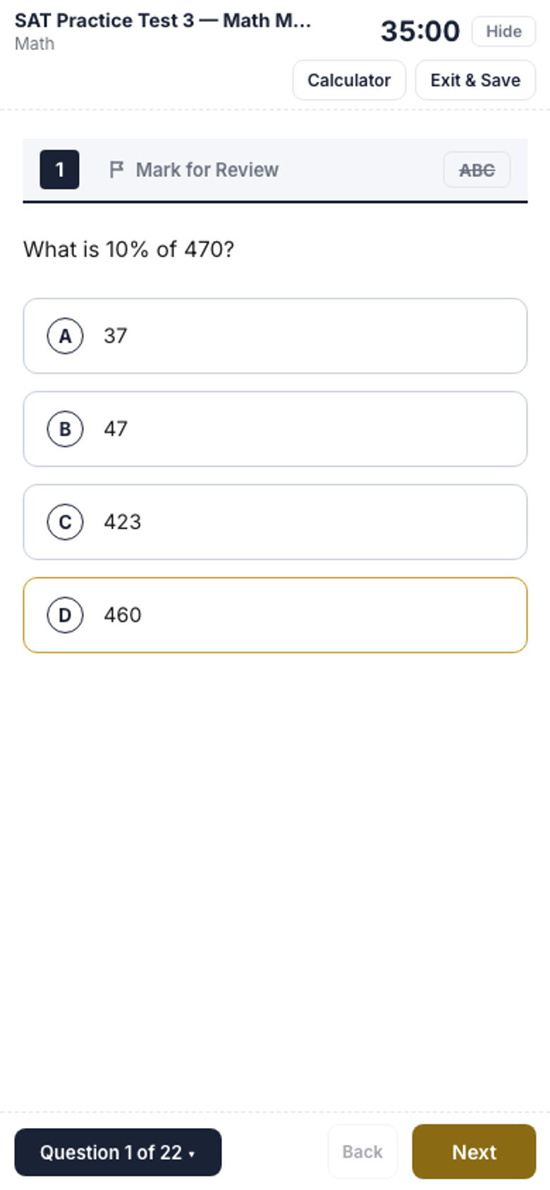 VMotiv8 test player on a phone: SAT math question with answer choices and a 35 minute countdown timer