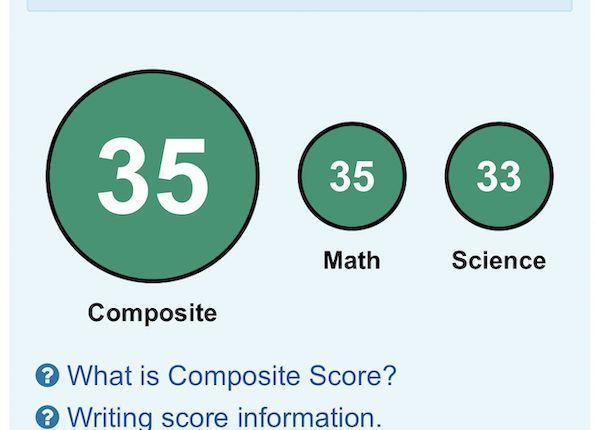 ACT score circles: 35 composite with 35 Math, 33 Science