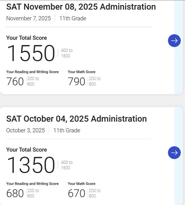 Two SAT score reports from the same student five weeks apart: 1350 in October 2025, then 1550 in November 2025