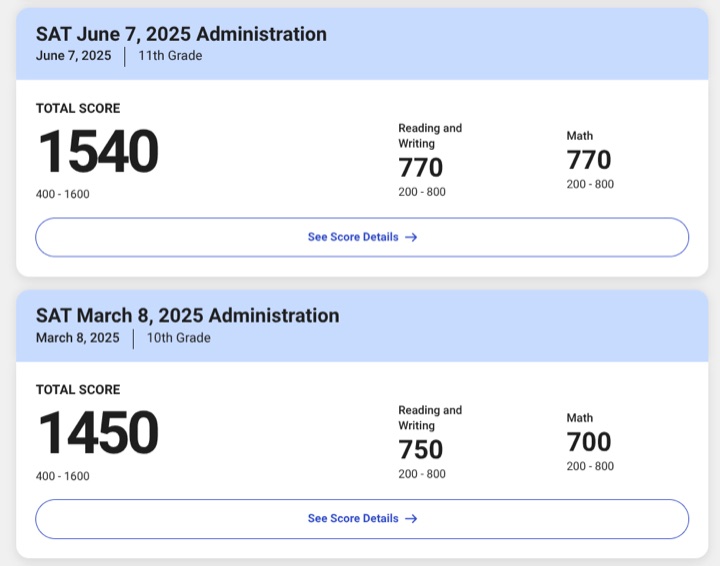 Two SAT reports from the same student: 1450 in March 2025, 1540 in June 2025