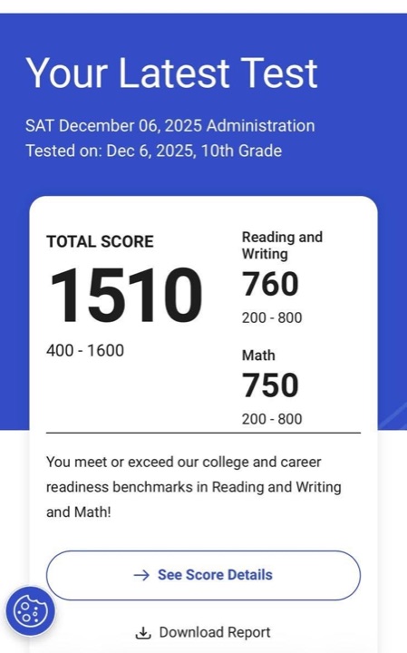 SAT score report: 1510 total in 10th grade, December 2025