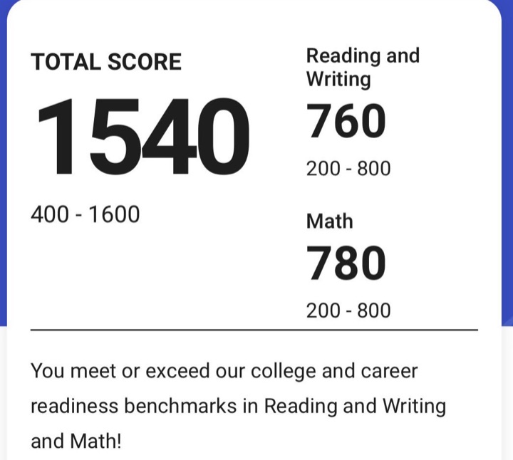 SAT score report: 1540 total, 760 Reading and Writing, 780 Math, June 2026