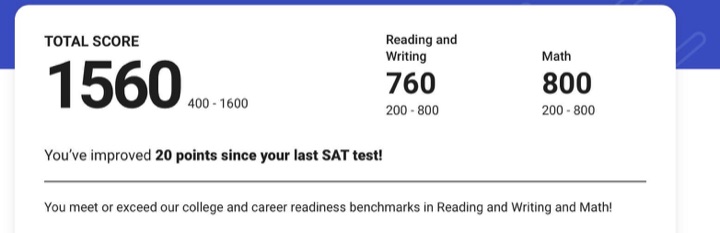 SAT score report: 1560 total, 760 Reading and Writing, 800 Math