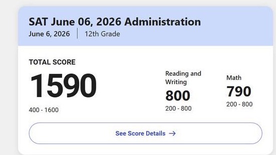 SAT score report: 1590 total with 800 Reading and Writing, 790 Math, June 2026