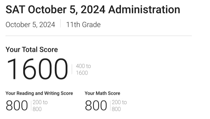 SAT score report: 1600 total, 800 Reading and Writing, 800 Math, October 2024, 11th grade